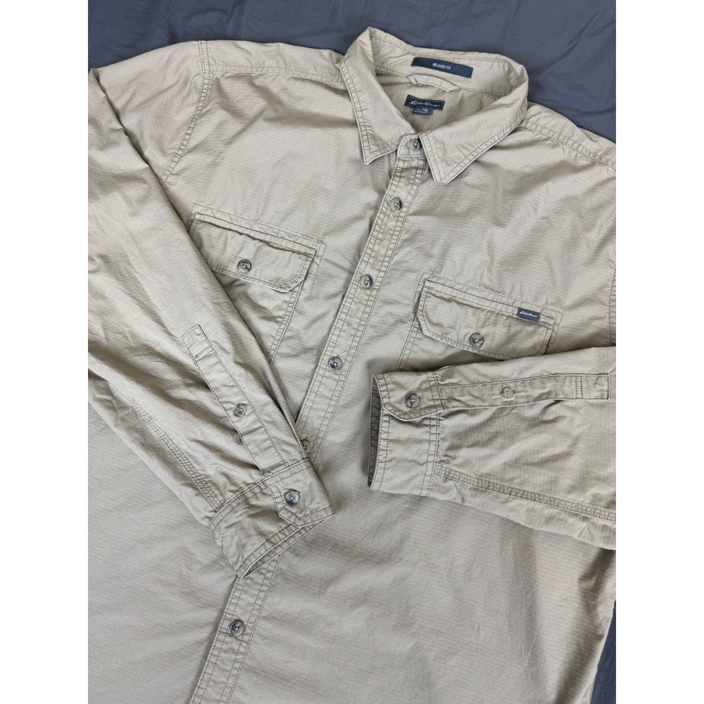 Eddie Bauer Mens TXL Tan Ripstop Utility Shirt Relaxed Fit Long Sleeve 8054